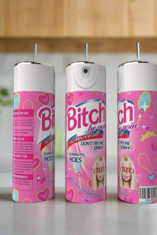 Three pink Barbie 20oz Tumblers by Kreative Kreationz sit on a kitchen counter. Their playful graphics and bold text create a quirky, humorous vibe—ideal for fans of unique designs or as inspiration for custom drinkware.