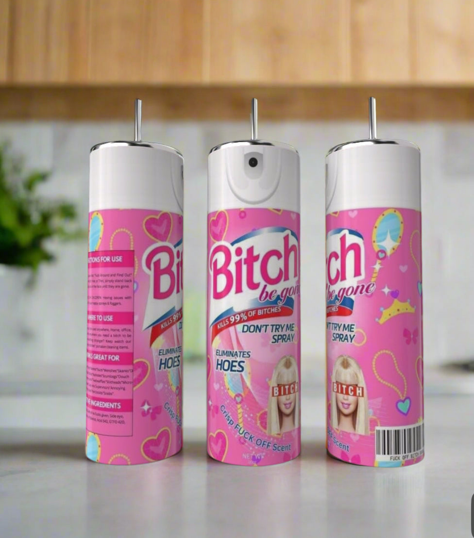 Three pink Barbie 20oz Tumblers by Kreative Kreationz sit on a kitchen counter. Their playful graphics and bold text create a quirky, humorous vibe—ideal for fans of unique designs or as inspiration for custom drinkware.