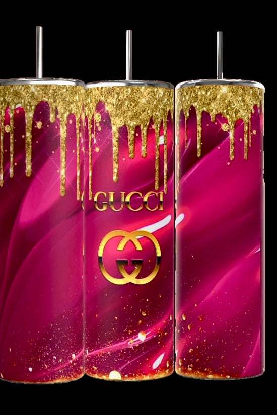 Three 20oz Gucci Pink Drip tumblers from Kreative Kreationz feature vibrant pink with gold accents and a dripping paint effect. The durable center tumbler proudly displays 