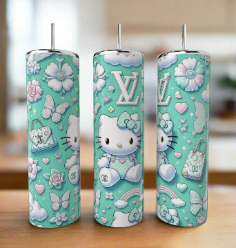 The LV Hello Kitty 20oz Tumbler by Kreative Kreationz features a luxury-inspired design with Hello Kitty, pastel flowers, clouds, rainbows, butterflies, and the classic LV logo on a light teal stainless steel cup.