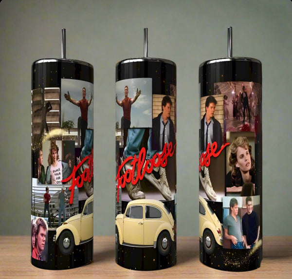Set of three Kreative Kreationz Footloose Tumbler -80s, each stainless steel and decorated with characters, dance scenes, the iconic yellow VW Beetle, and the red Footloose logo from the classic film.