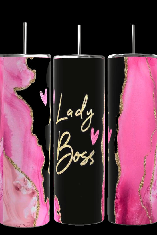 A collage features nine colorful Boss Lady 20oz Tumblers with Reusable Straw and Lid designs with 