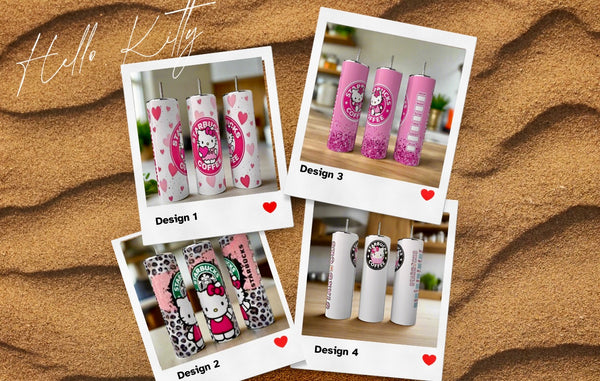 Four eco-friendly 20oz stainless steel tumblers from the Hello Kitty Starbucks Collection by Kreative Kreationz are displayed in polaroid-style frames on sand with a red heart and "Hello Kitty" script.