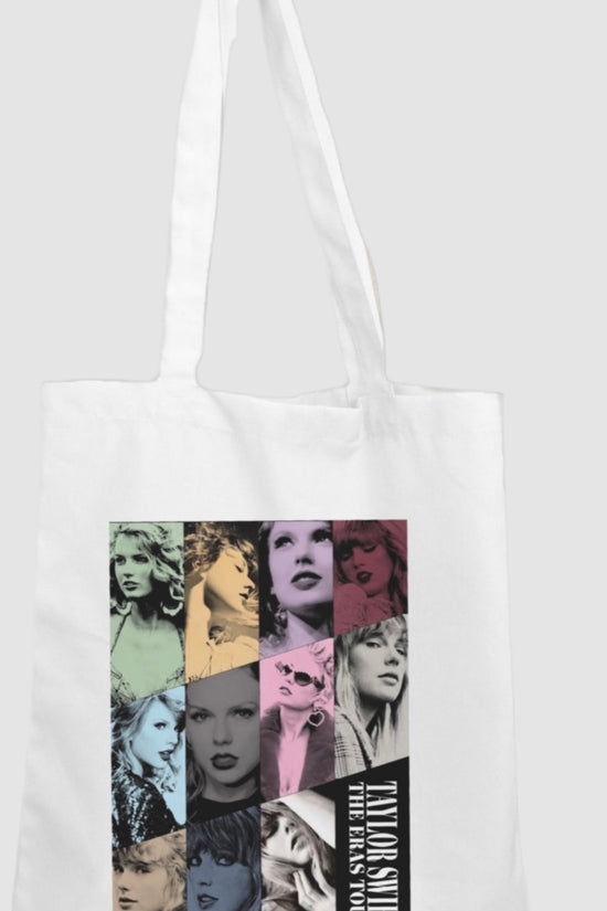The Eras Tote Bag by Kreative Kreationz is a white canvas tote featuring a vibrant collage of black and white and tinted portraits of a woman in various poses. 