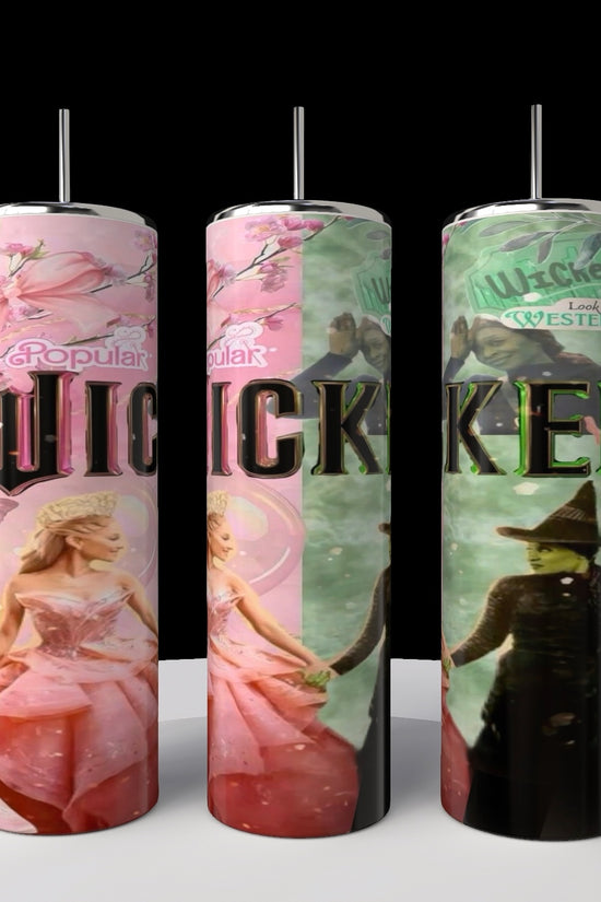 Three cylindrical candles feature musical scenes similar to the Kreative Kreationz Wicked 20oz Tumbler, with characters in pink and black and the word 
