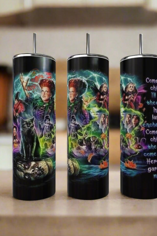 The Kreative Kreationz Hocus Pocus Sarahs Song 20oz Tumblers feature colorful scenes with witches, a black cat, and magical designs—combining stylish, eco-friendly drinkware with reusable metal straws for Hocus Pocus fans.