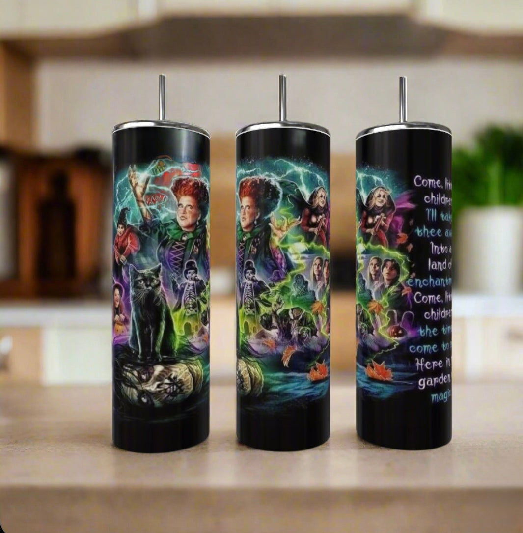 The Kreative Kreationz Hocus Pocus Sarahs Song 20oz Tumblers feature colorful scenes with witches, a black cat, and magical designs—combining stylish, eco-friendly drinkware with reusable metal straws for Hocus Pocus fans.