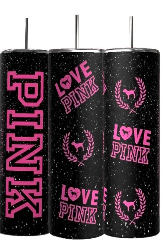 Three black PINK 20oz Skinny Tumblers by Kreative Kreationz, with white speckles, bold pink 