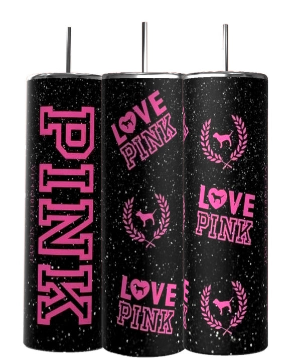 Three black PINK 20oz Skinny Tumblers by Kreative Kreationz, with white speckles, bold pink "PINK" and "LOVE PINK" letters, dog silhouettes, and laurel wreaths—stylish reusable drinkware for on-the-go luxury.