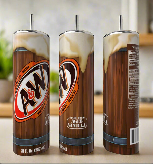 The Kreative Kreationz A&W 20oz Skinny Tumbler features a classic can style with foamy tops, logos, and aged vanilla details—stainless steel, reusable, and perfect for your kitchen counter.