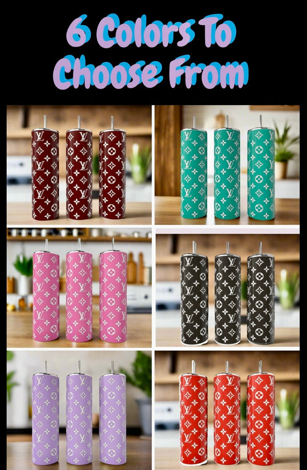 Six LV Inspired 20oz Tumblers by Kreative Kreationz, in maroon, teal, green, pink, black, and red with a white monogram pattern, are lined up on kitchen counters under the text “6 Colors To Choose From.”.