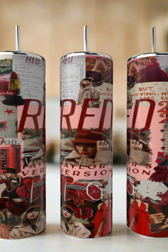 The Kreative Kreationz RED Collage Taylor Swift 20oz Skinny Tumbler features a collage of red-themed images, Taylor Swift photos, 