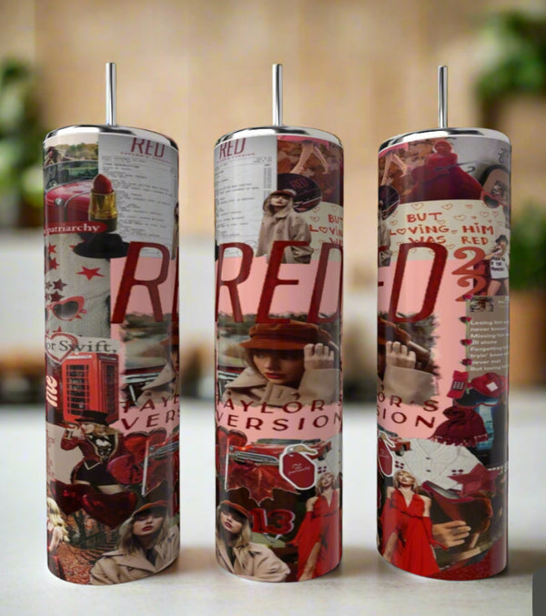 The Kreative Kreationz RED Collage Taylor Swift 20oz Skinny Tumbler features a collage of red-themed images, Taylor Swift photos, "RED" text, and lyrics from the "Red" album on durable stainless steel drinkware.