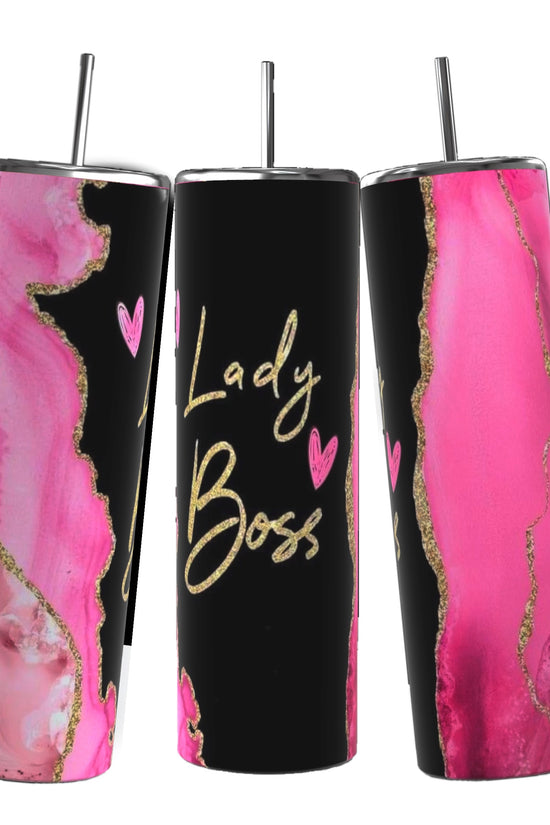 A collage features nine colorful Boss Lady 20oz Tumblers with Reusable Straw and Lid designs with 