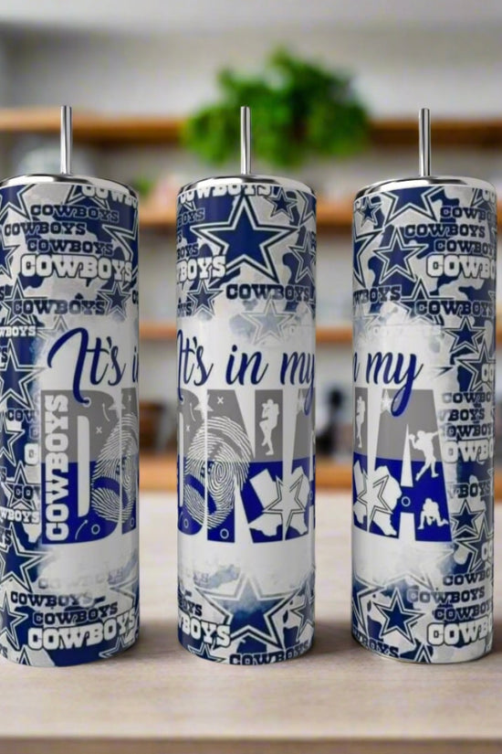 Three Kreative Kreationz Cowboys | Its In My DNA 20oz Skinny Tumblers, featuring Dallas Cowboys logos and blue-and-white 