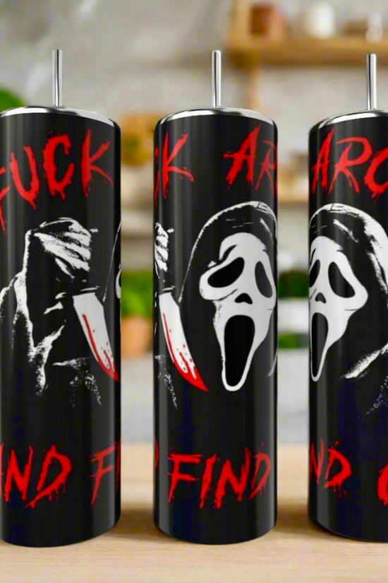 Kreative Kreationz's Ghostface FAFO 20oz Tumblers feature the iconic Scream mask, a bloody knife, and bold red 