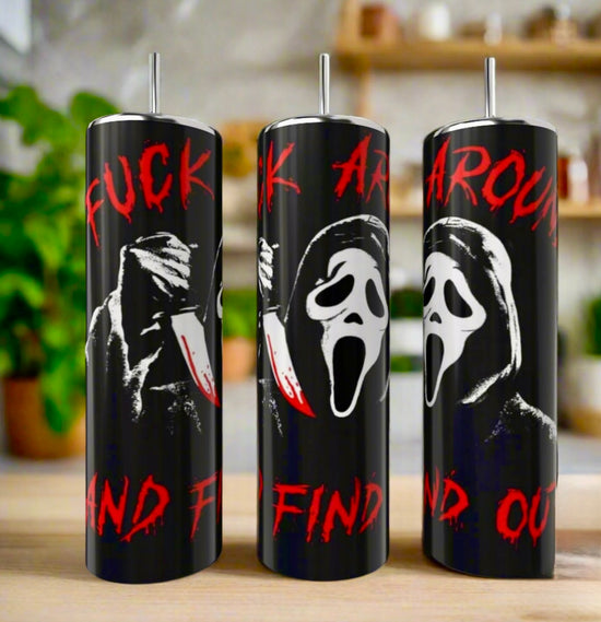 Kreative Kreationz's Ghostface FAFO 20oz Tumblers feature the iconic Scream mask, a bloody knife, and bold red 