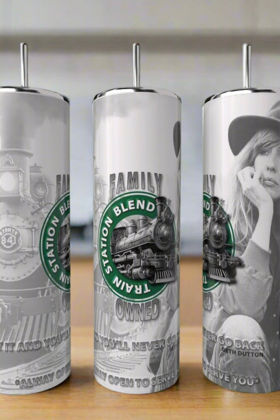 Three Kreative Kreationz Beth Dutton Starbucks 20-ounce skinny tumblers with straws are displayed on a wooden surface, showcasing eco-friendly drinkware with vintage train designs and black-and-white portraits.