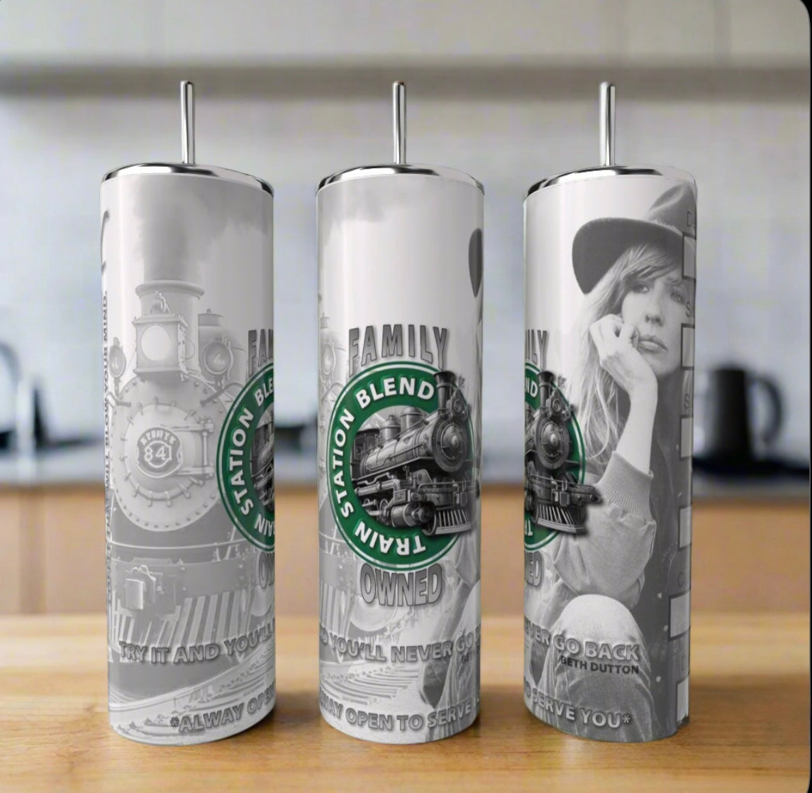 Three Kreative Kreationz Beth Dutton Starbucks 20-ounce skinny tumblers with straws are displayed on a wooden surface, showcasing eco-friendly drinkware with vintage train designs and black-and-white portraits.