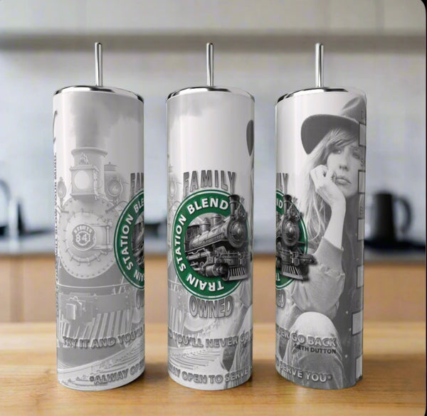 Three Kreative Kreationz Beth Dutton Starbucks 20-ounce skinny tumblers with straws are displayed on a wooden surface, showcasing eco-friendly drinkware with vintage train designs and black-and-white portraits.