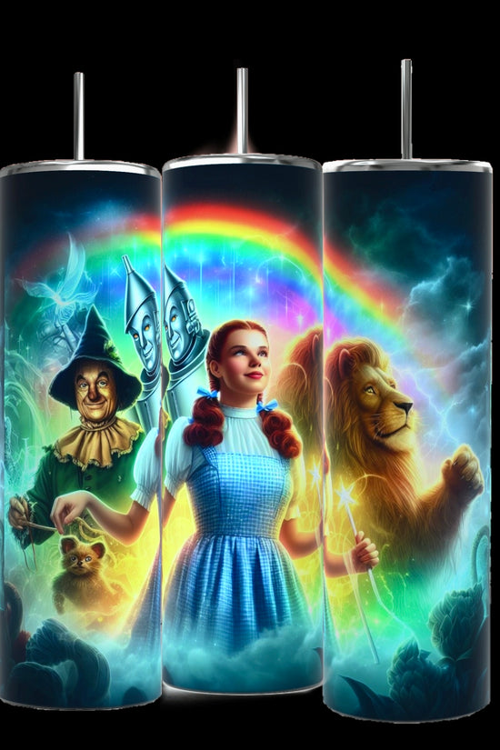 Kreative Kreationz's Wizard of Oz Tumbler is a luxury-inspired, eco-friendly stainless steel tumbler with colorful illustrations of Dorothy, the Scarecrow, the Tin Man, and the Cowardly Lion, enhanced by a vibrant rainbow and whimsical clouds.