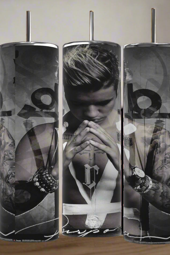The Kreative Kreationz Justin Bieber Prayer 20oz Tumbler features a black-and-white image of him praying with 