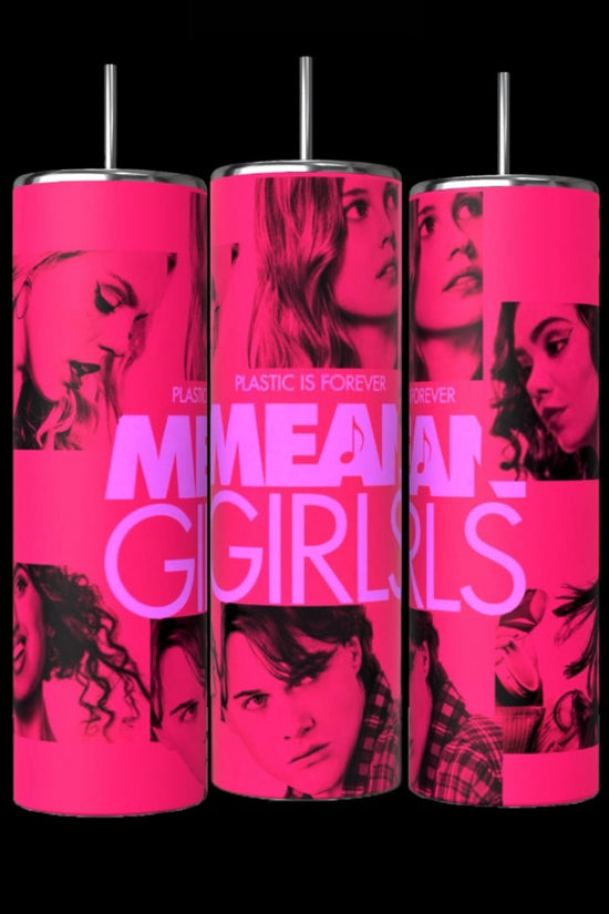 Three durable pink cylindrical tumblers from Kreative Kreationz feature silver spill-proof lids, straws, black-and-white images of women, and the text 