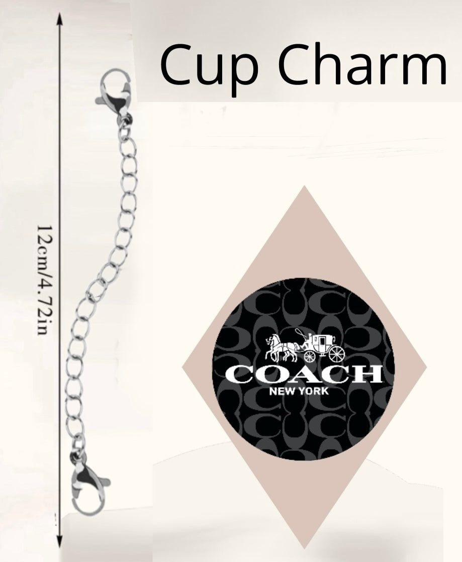 A silver chain cup charm with clasps at both ends (12cm/4.72in) from Kreative Kreationz, labeled "Coach Cup Charm | Cup Accessory," features a diamond-shaped horse and carriage logo—a stylish drinkware accessory.
