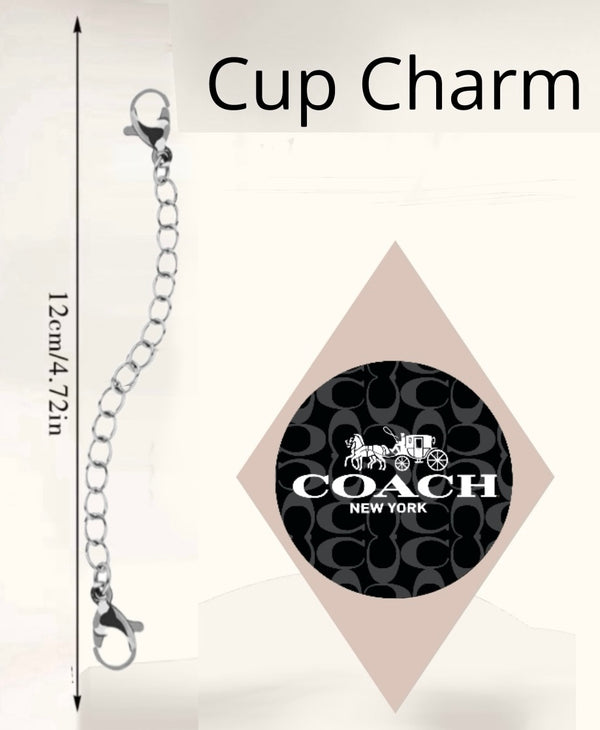A silver chain cup charm with clasps at both ends (12cm/4.72in) from Kreative Kreationz, labeled "Coach Cup Charm | Cup Accessory," features a diamond-shaped horse and carriage logo—a stylish drinkware accessory.