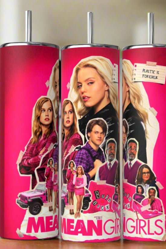 The Kreative Kreationz Mean Girls 20oz Tumblers feature three pink stainless steel cups with 