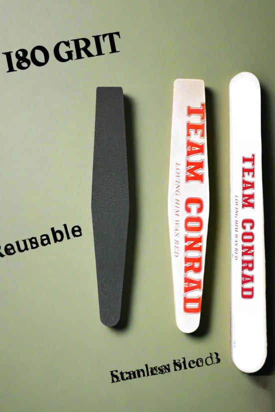 Three Kreative Kreationz Team Conrad Ceramic Nail Files stand vertically on a gray background. The left file is labeled 