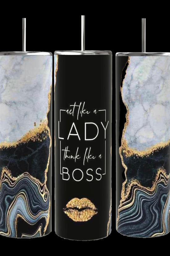 Three tall, cylindrical Boss Lady 20oz Tumblers with metal straws and white backgrounds from Kreative Kreationz. The first stylish tumbler displays motivational words like 