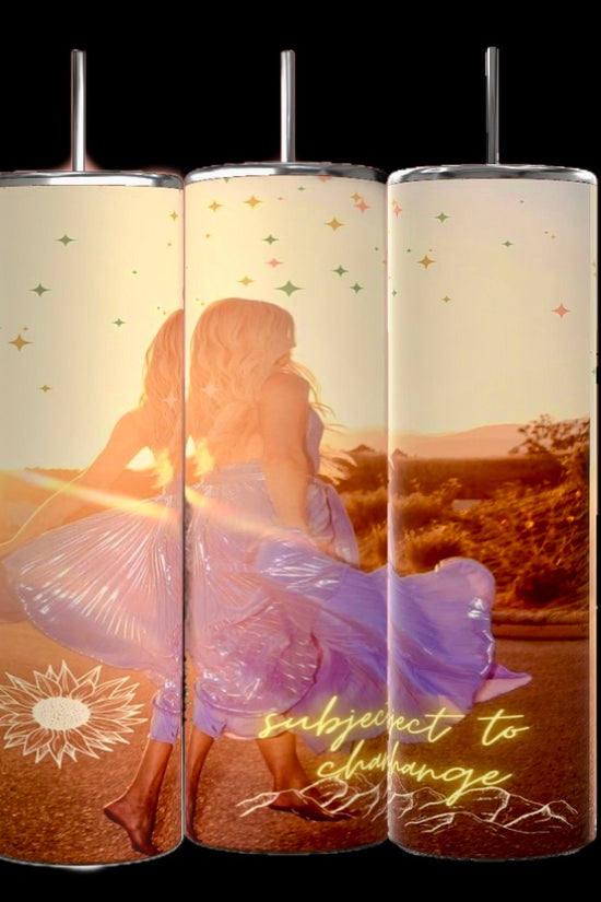 The Subject To Change Kelsey Ballerini 20oz Tumbler by Kreative Kreationz features three tall, cylindrical, stainless steel tumblers adorned with a luxury design of a woman in a flowing dress, sunflowers, stars, and the words 
