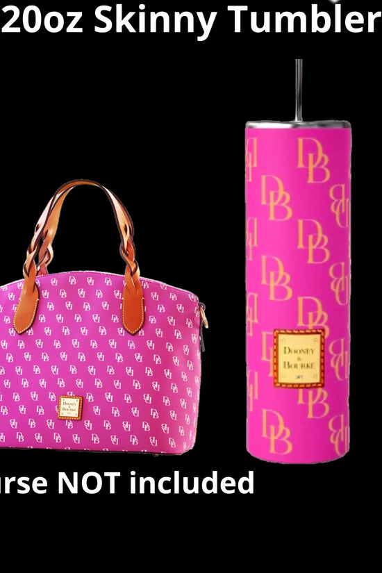 Introducing the D&B Pink 20oz Tumbler by Kreative Kreationz: a stylish skinny tumbler adorned with a pink and gold 