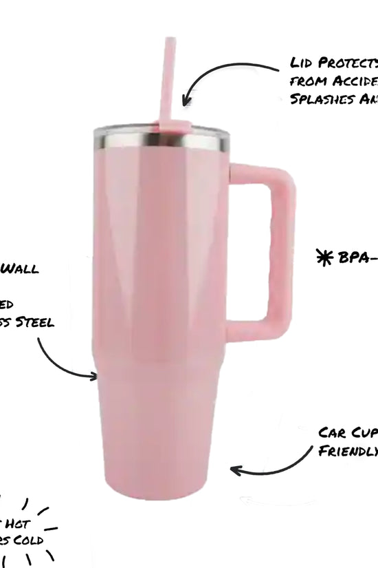 The Kreative Kreationz Pink 30oz Engraved Tumbler features a handle, straw, BPA-free double wall, spill-proof lid, fits car cups, and keeps drinks hot for 8hrs or cold for 24hrs.