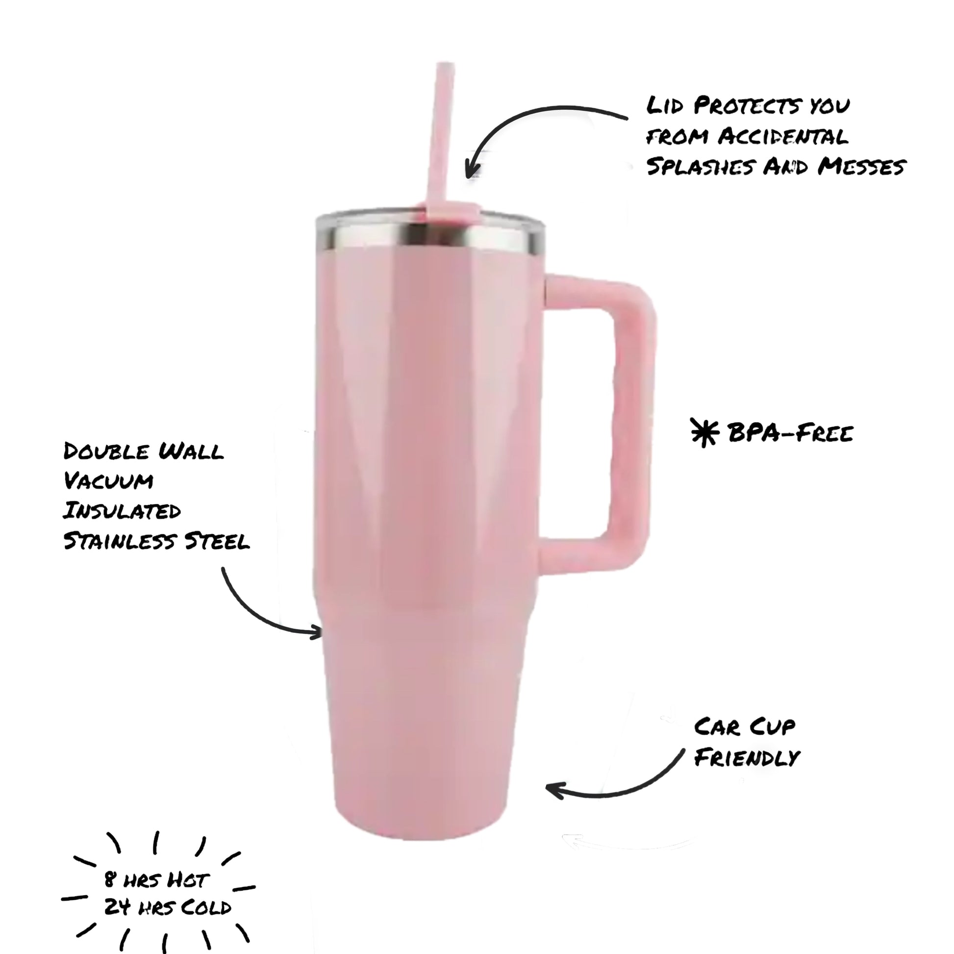 The Kreative Kreationz Pink 30oz Engraved Tumbler features a handle, straw, BPA-free double wall, spill-proof lid, fits car cups, and keeps drinks hot for 8hrs or cold for 24hrs.