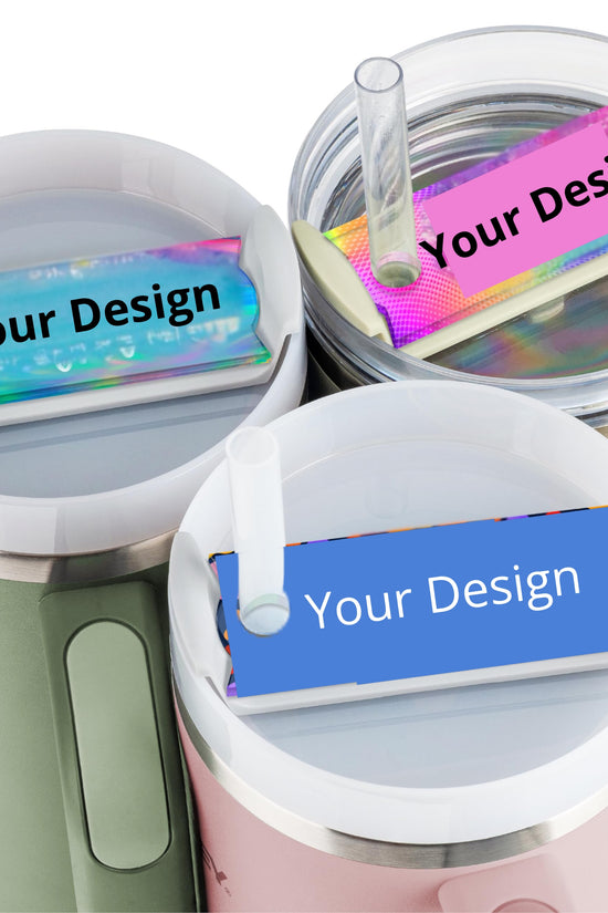 Kreative Kreationz's Customized Stanley lid Toppers are available in pink, green, and clear tumblers. Each features a 