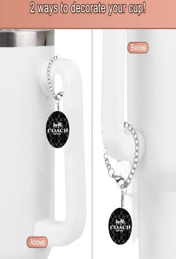 Two images of a white mug handle display the Coach Charm Charm by Kreative Kreationz. The left image shows it hanging from the top ("Above"), and the right from the bottom ("Below"). Text reads, "2 unique designs to decorate your cup!.