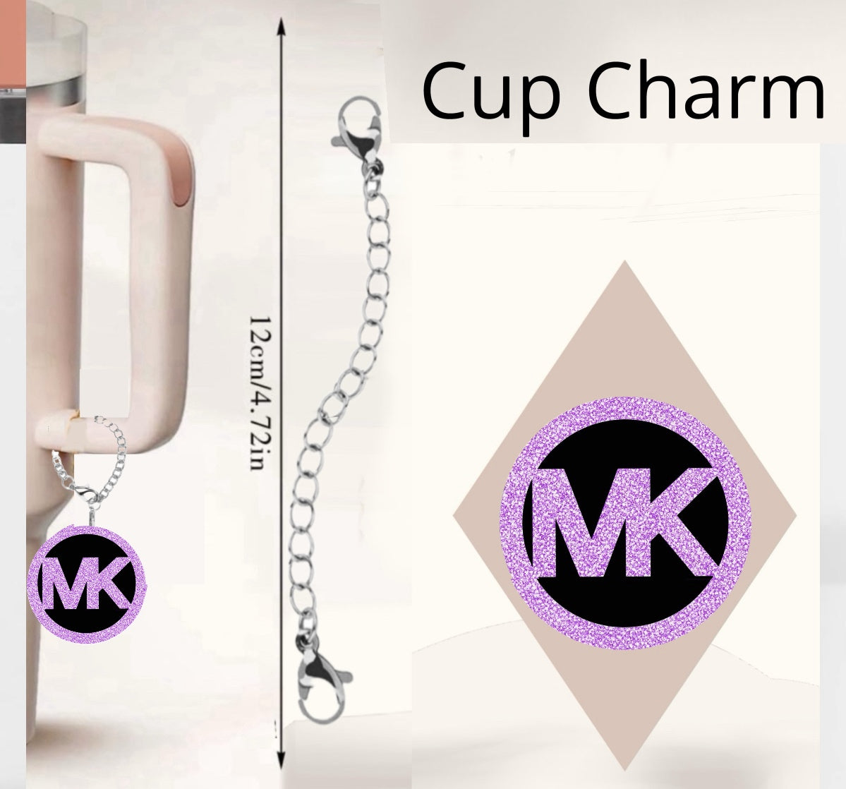 The MK Cup Charm by Kreative Kreationz is a handcrafted tumbler accessory with a glittery pink "MK" logo on a silver chain. Measuring 12cm (4.72 inches), it elegantly hangs from your cup's handle against a minimalist background.