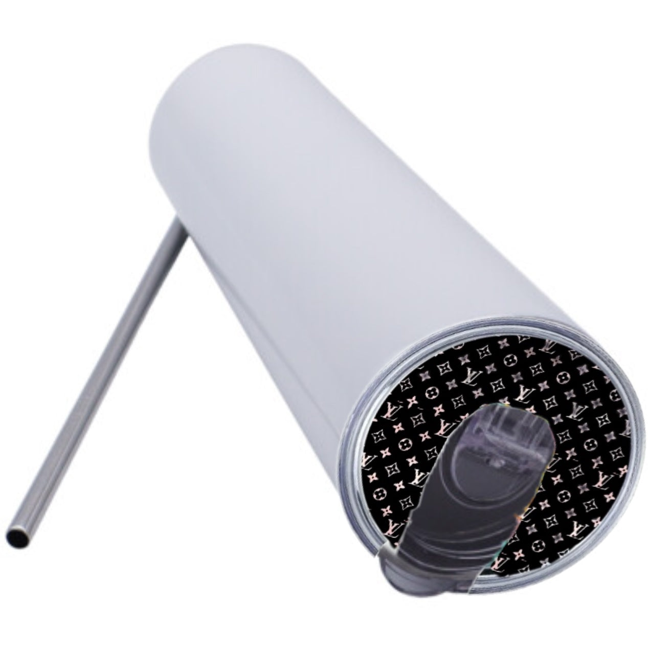 The 20oz Tumbler Topper by Kreative Kreationz is a white stainless steel skinny tumbler with a clear flip-top lid and metal straw. The Lid Topper's underside features a black pattern with white "LV" initials, inspired by Louis Vuitton designs.