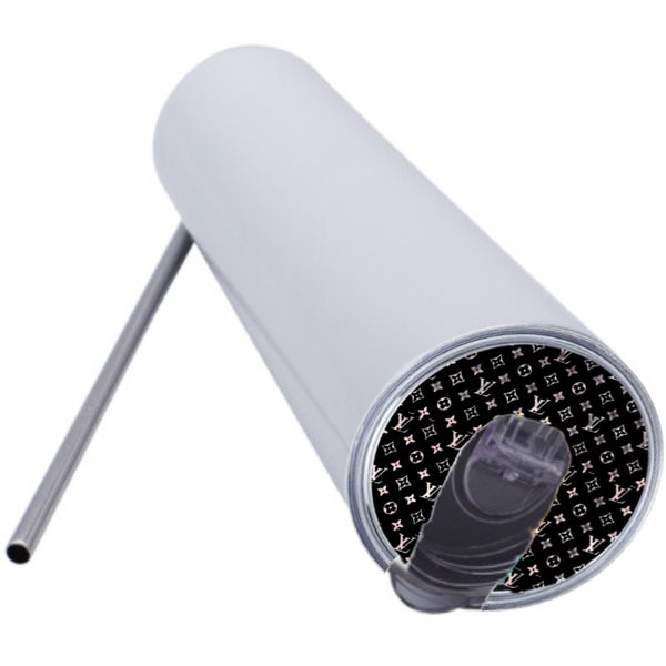 The 20oz Tumbler Topper by Kreative Kreationz is a white stainless steel skinny tumbler with a clear flip-top lid and metal straw. The Lid Topper's underside features a black pattern with white "LV" initials, inspired by Louis Vuitton designs.