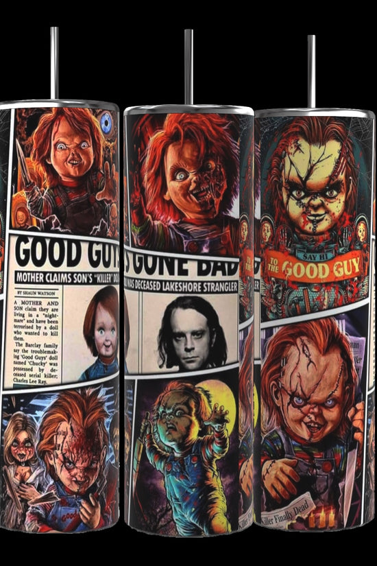 Three CHUCKY | Halloween| 20oz Tumblers by Kreative Kreationz, featuring detailed horror-themed artwork of a menacing doll with red hair, scars, and a sinister grin. These spooky tumblers include comic-style panels with various expressions and scenes, including a 