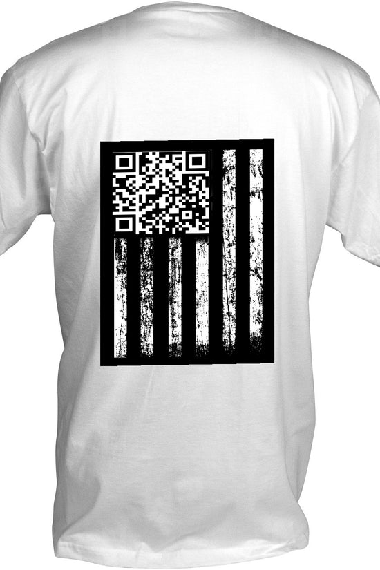 The Kreative Kreationz POTUS Trump T-Shirt showcases a black distressed American flag on the back, with its stars replaced by a unique QR code for a fresh, modern spin on the classic flag design.