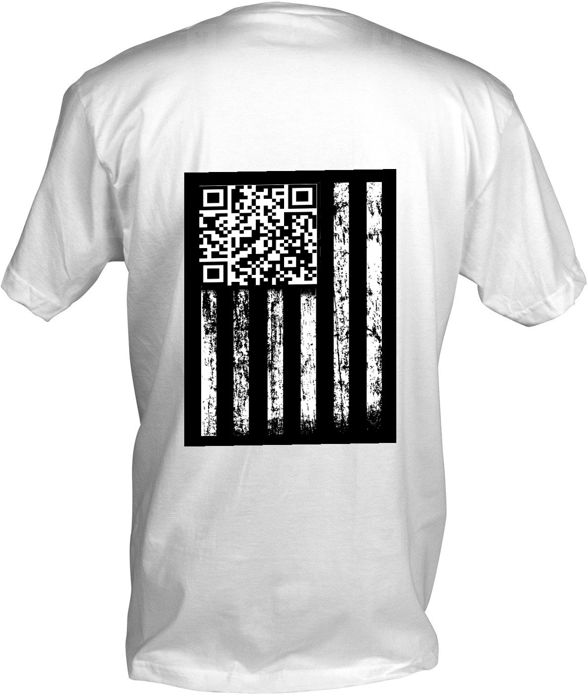 The Kreative Kreationz POTUS Trump T-Shirt showcases a black distressed American flag on the back, with its stars replaced by a unique QR code for a fresh, modern spin on the classic flag design.