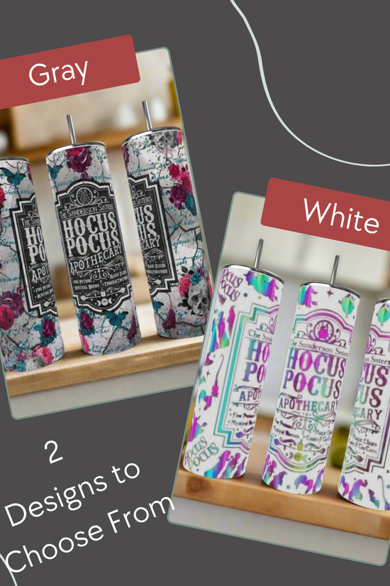 Choose from two decorative candle sets—one gray with a floral black label, one white with colorful patterns. Pair them perfectly with the Hocus Pocus 20oz Tumbler by Kreative Kreationz for a stylish, eco-friendly touch.