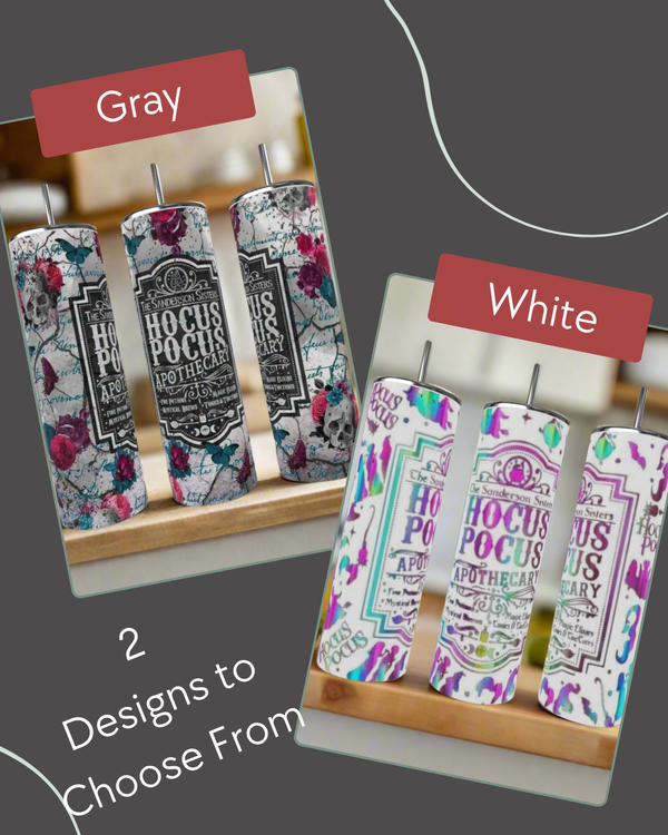 Choose from two decorative candle sets—one gray with a floral black label, one white with colorful patterns. Pair them perfectly with the Hocus Pocus 20oz Tumbler by Kreative Kreationz for a stylish, eco-friendly touch.