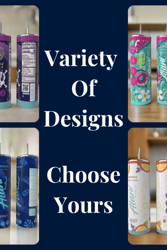 A collage of Kreative Kreationz Alani 20oz Tumblers in assorted colors/flavors with spill-proof lids, shown from various angles. Centered white text on a dark blue background reads: 