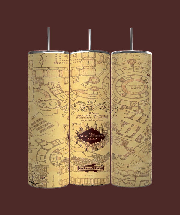 Three cylindrical candles feature intricate, vintage-style maps labeled "Mischief Managed," echoing Kreative Kreationz's Marauders Map - Harry Potter Tumbler design, set against a rich, dark brown background.