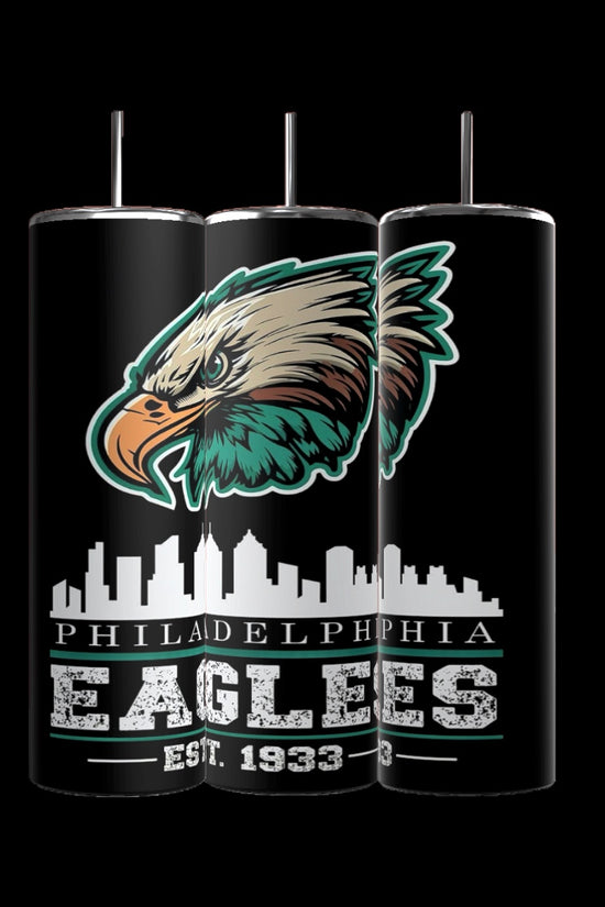 Three Kreative Kreationz EAGLES Football 20oz Skinny Tumblers, black with the Philadelphia Eagles logo, skyline, and 