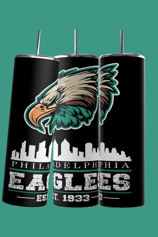 Three black Kreative Kreationz EAGLES Football 20oz Skinny Tumblers feature the Philadelphia Eagles logo in green, silver, and white. 